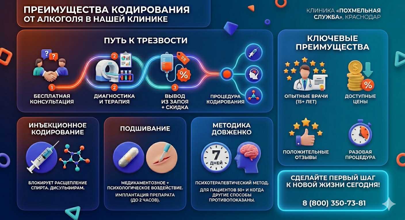 Инфографика о методах кодирования от алкоголя в Шумерле: инъекции, подшивание, метод Довженко. Преимущества клиники и этапы лечения.