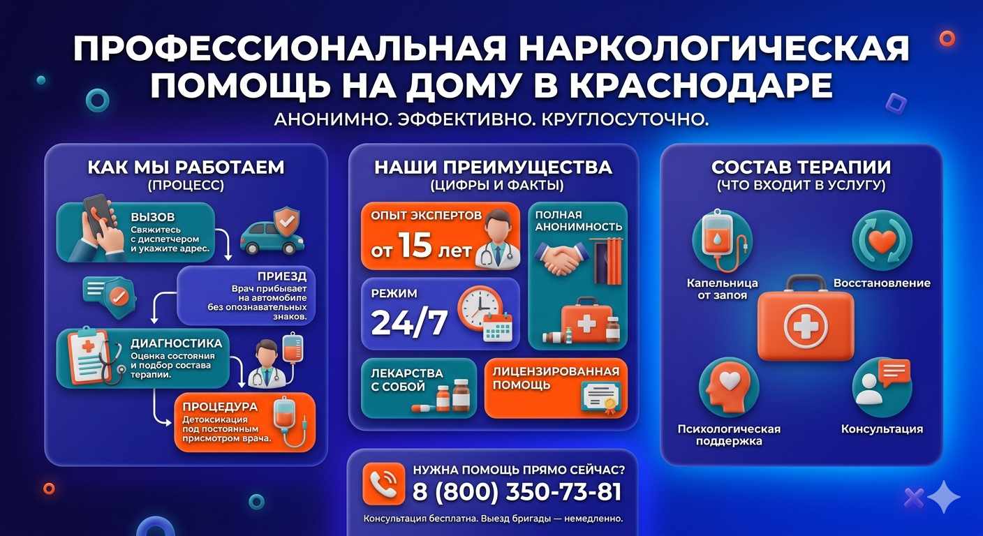 Инфографика о принципах лечения алкоголизма на дому в Шумерле: этапы вызова нарколога, преимущества анонимной детоксикации и состав медицинской помощи.